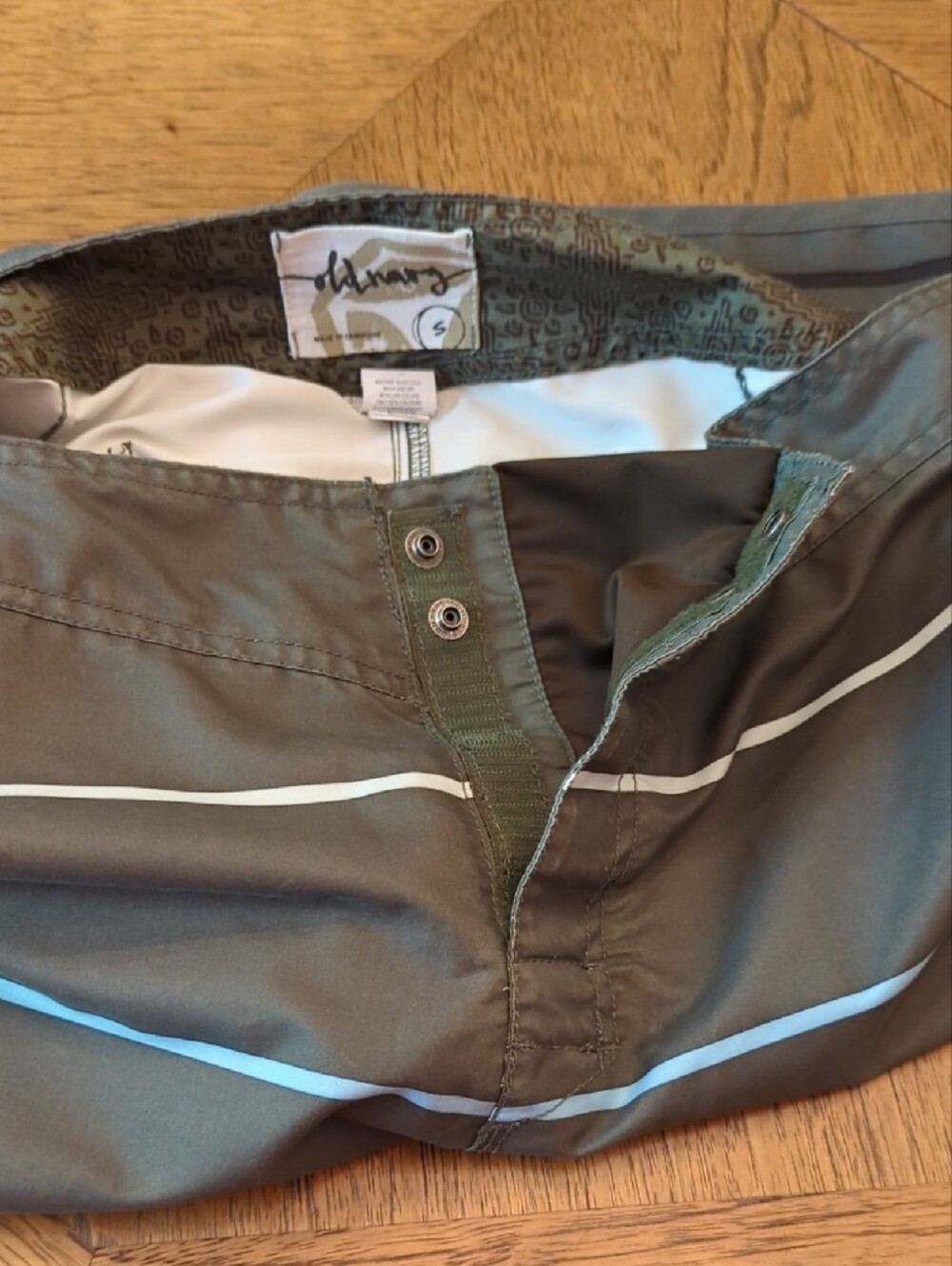 Old Navy Olive Green Board Shorts with Blue & White Stripes Swimsuit Swim Trunks - Picture 7 of 7